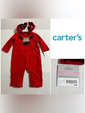 🆕CARTER’S - 9M - NWT - INFANT BOYS RED PLAID MOOSE HOODED FLEECE COVERALL